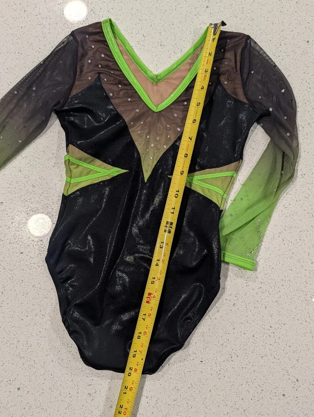 COMPETITION GK Elite Large Gymnastics Dance Leotard Neon Green 3/4 slv SWAROVSKI